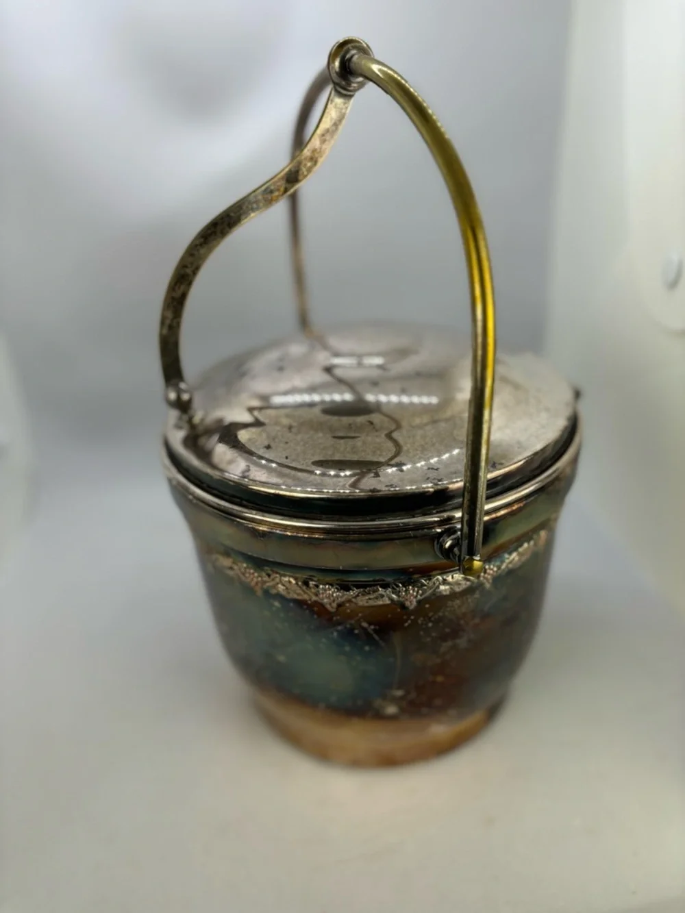 Vintage 1950’s Swing-top Ice Bucket-Silver on Copper/Grape & Leaf design